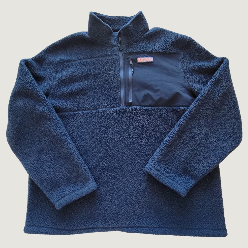 Vineyard Vines Fleece Pullover Mens XL Navy Blue Sherpa Quarter Zip Chest Pocket